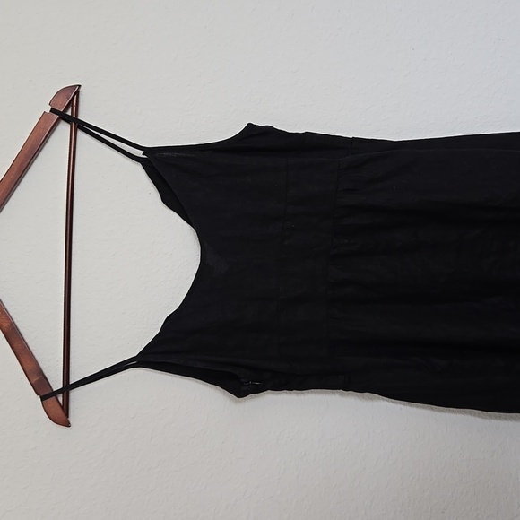 Linen Maxi Dress Black Deep V-Neck Y2K Minimalist - Picture 8 of 10